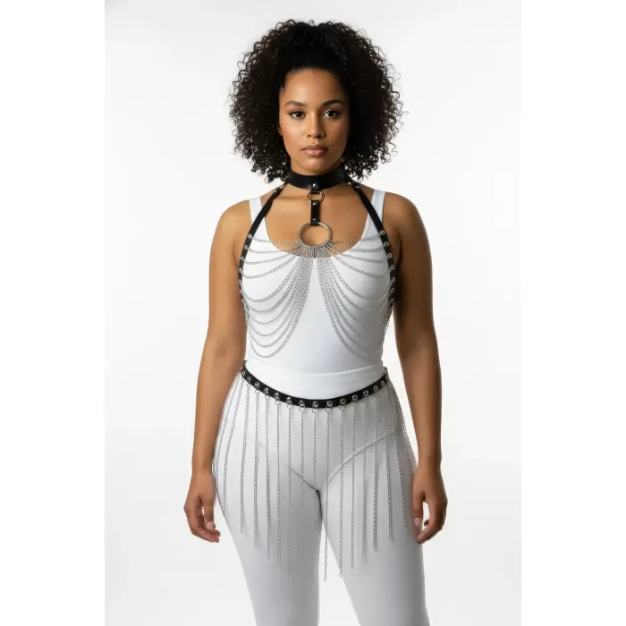 Büyük Beden Siyah Kadın Harness Takım Zincir Detaylı Seksi Deri - APFT462