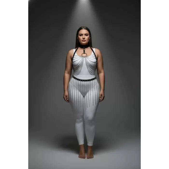 Büyük Beden Siyah Kadın Harness Takım Zincir Detaylı Seksi Deri - APFT462