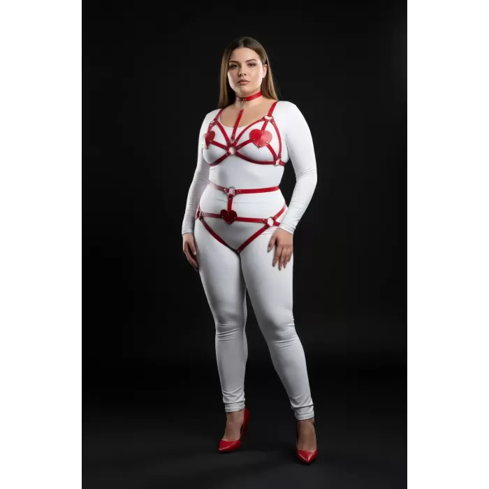 Büyük Beden Kırmızı Kadın Harness Takım Kalp Detaylı Fantezi Deri Vücut Aksesuarı - APFT467