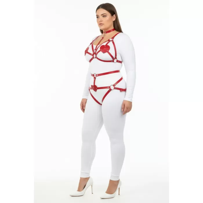 Büyük Beden Kırmızı Kadın Harness Takım Kalp Detaylı Fantezi Deri Vücut Aksesuarı - APFT467