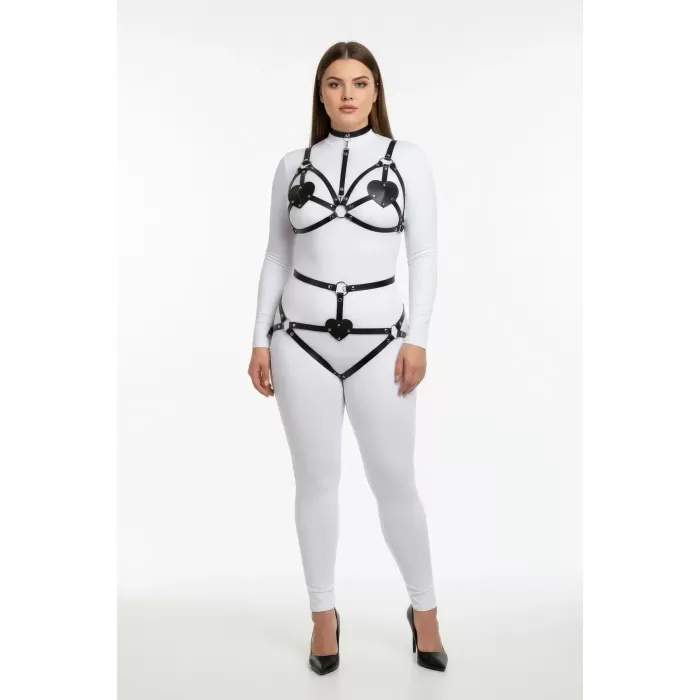 Büyük Beden Siyah Kadın Deri Harness Takım Kalp Detaylı Fantezi Aksesuar - APFT467