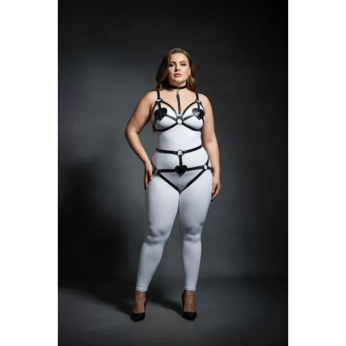 Büyük Beden Siyah Kadın Deri Harness Takım Kalp Detaylı Fantezi Aksesuar - APFT467