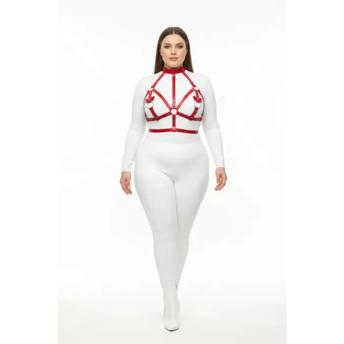 Büyük Beden Kırmızı Kadın Harness Takım Deri Göğüs Aksesuarlı Halka Detaylı - APFT473