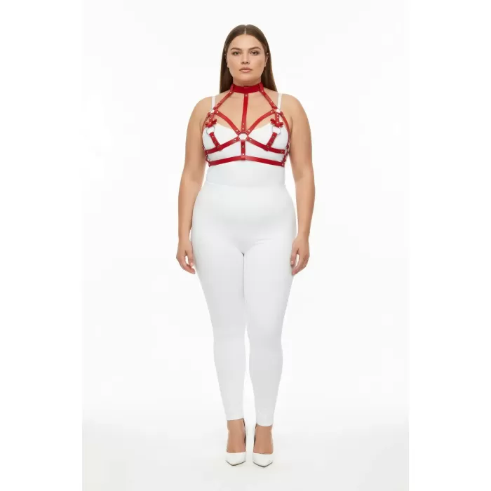Büyük Beden Kırmızı Kadın Harness Takım Deri Göğüs Aksesuarlı Halka Detaylı - APFT473