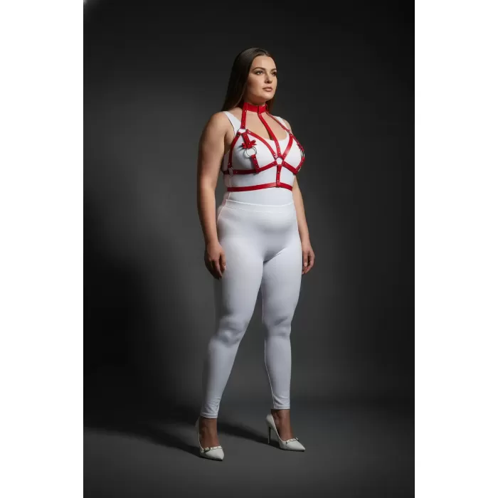 Büyük Beden Kırmızı Kadın Harness Takım Deri Göğüs Aksesuarlı Halka Detaylı - APFT473