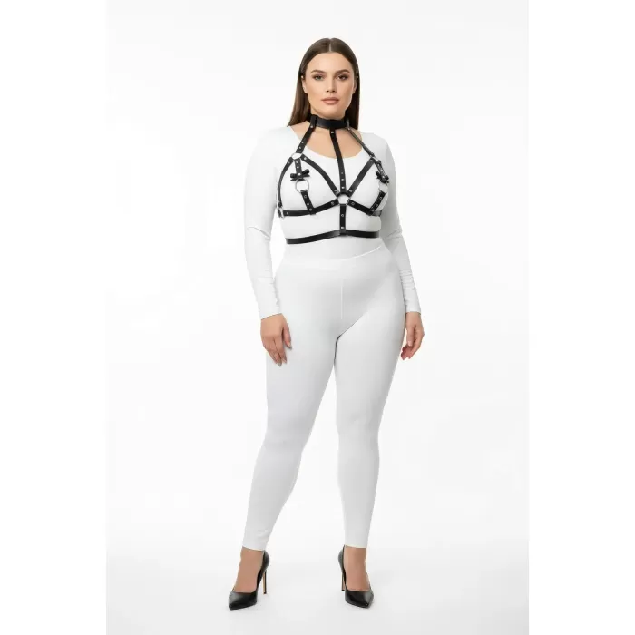 Büyük Beden Siyah Kadın Deri Harness Takım Boyunluk ve Halka Detaylı Fantazi Aksesuar - APFT473