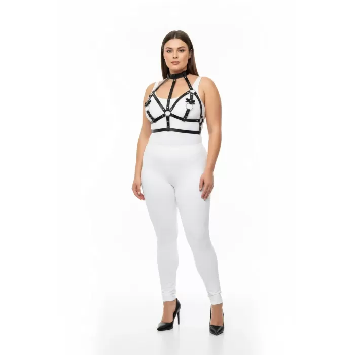 Büyük Beden Siyah Kadın Deri Harness Takım Boyunluk ve Halka Detaylı Fantazi Aksesuar - APFT473