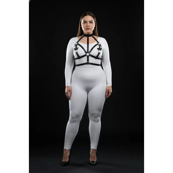 Büyük Beden Siyah Kadın Deri Harness Takım Boyunluk ve Halka Detaylı Fantazi Aksesuar - APFT473