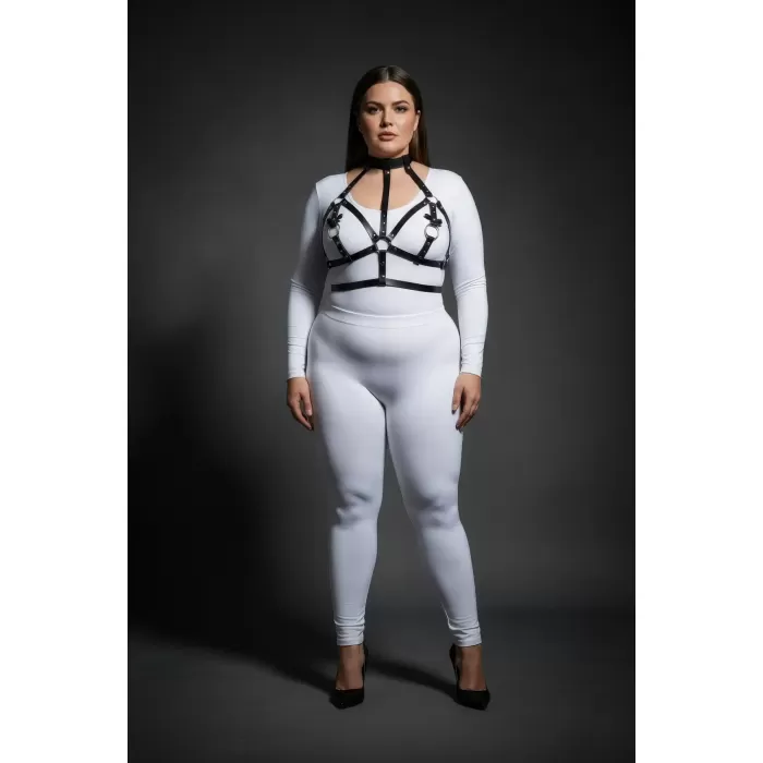 Büyük Beden Siyah Kadın Deri Harness Takım Boyunluk ve Halka Detaylı Fantazi Aksesuar - APFT473