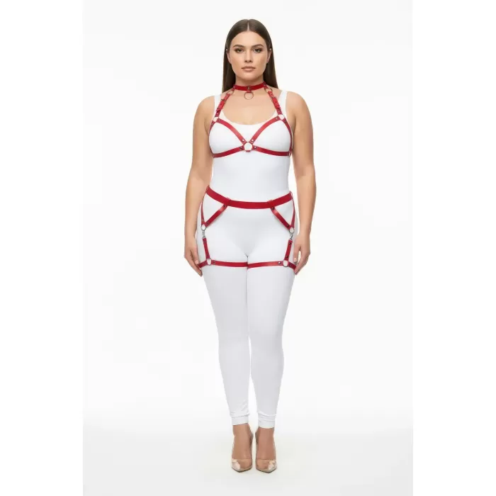 Büyük Beden Kırmızı Kadın Deri Harness Takım Jartiyerli Halka Detaylı - APFT478