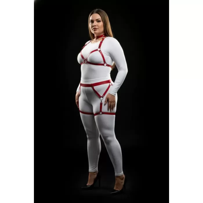 Büyük Beden Kırmızı Kadın Deri Harness Takım Jartiyerli Halka Detaylı - APFT478