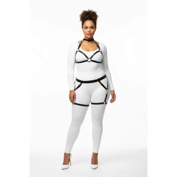 Büyük Beden Siyah Kadın Deri Harness Takım Jartiyerli Halka Detaylı - APFT478