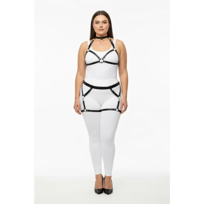 Büyük Beden Siyah Kadın Deri Harness Takım Jartiyerli Halka Detaylı - APFT478