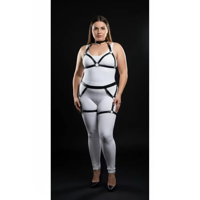 Büyük Beden Siyah Kadın Deri Harness Takım Jartiyerli Halka Detaylı - APFT478