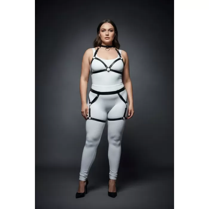 Büyük Beden Siyah Kadın Deri Harness Takım Jartiyerli Halka Detaylı - APFT478