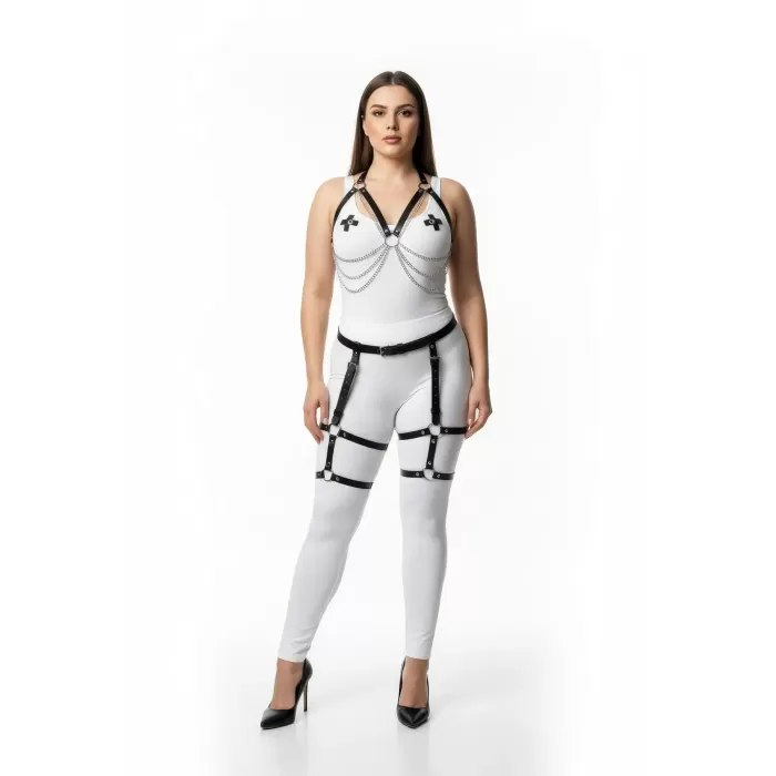 Büyük Beden Siyah Kadın Zincir Detaylı Deri Jartiyerli Harness Takım - APFT497