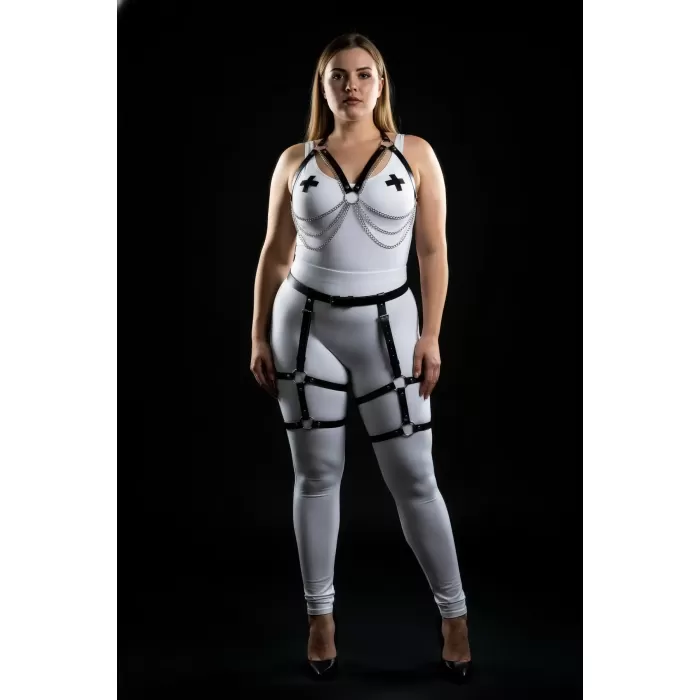 Büyük Beden Siyah Kadın Zincir Detaylı Deri Jartiyerli Harness Takım - APFT497