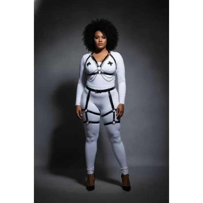 Büyük Beden Siyah Kadın Zincir Detaylı Deri Jartiyerli Harness Takım - APFT497