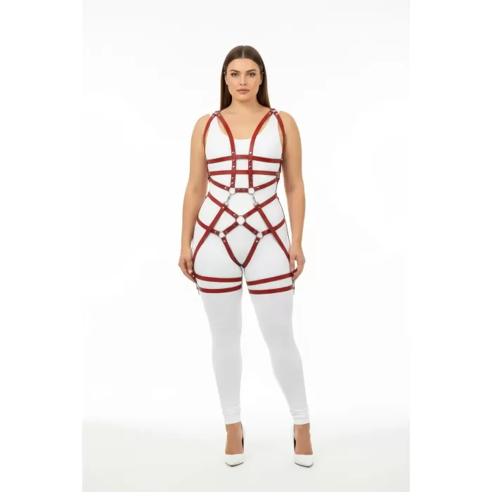 Büyük Beden Bordo Kadın Harness Takım Zincir ve Halka Detaylı Fantezi Deri - APFT502