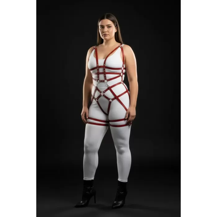 Büyük Beden Bordo Kadın Harness Takım Zincir ve Halka Detaylı Fantezi Deri - APFT502