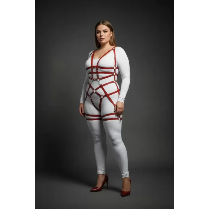 Büyük Beden Bordo Kadın Harness Takım Zincir ve Halka Detaylı Fantezi Deri - APFT502