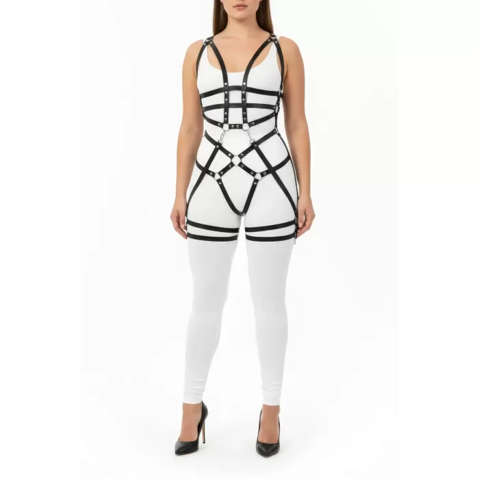 Büyük Beden Siyah Kadın Tüm Vücut Deri Harness Takım Halka Detaylı - APFT502