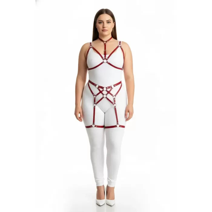 Büyük Beden Kırmızı Kadın Deri Fantazi Harness Takım Jartiyerli - APFT507