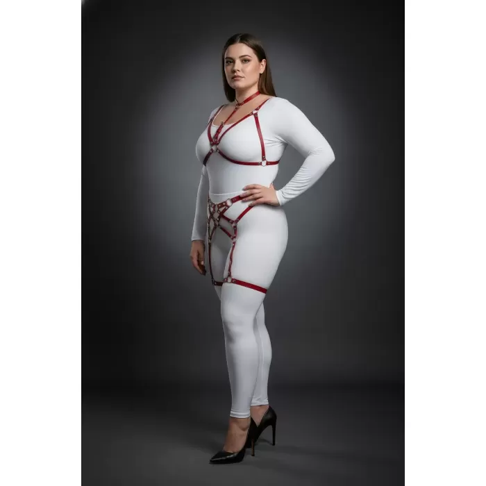 Büyük Beden Kırmızı Kadın Deri Fantazi Harness Takım Jartiyerli - APFT507