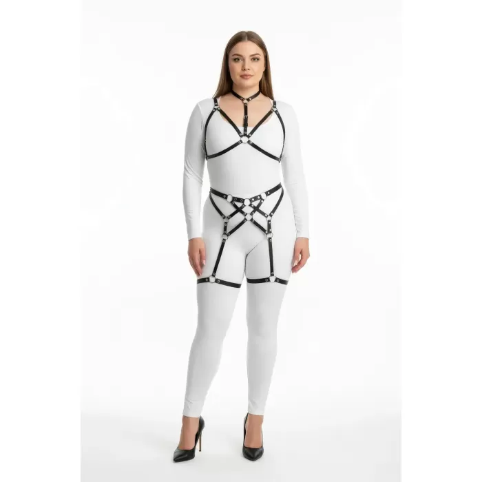 Büyük Beden Siyah Kadın Harness Takım Full Body Halka Detaylı Vücut Aksesuarı - APFT507