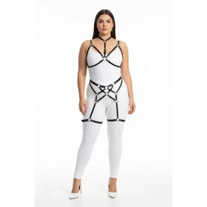 Büyük Beden Siyah Kadın Harness Takım Full Body Halka Detaylı Vücut Aksesuarı - APFT507