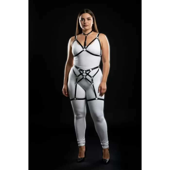 Büyük Beden Siyah Kadın Harness Takım Full Body Halka Detaylı Vücut Aksesuarı - APFT507