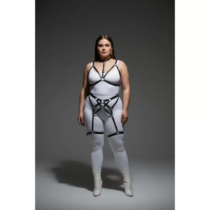 Büyük Beden Siyah Kadın Harness Takım Full Body Halka Detaylı Vücut Aksesuarı - APFT507