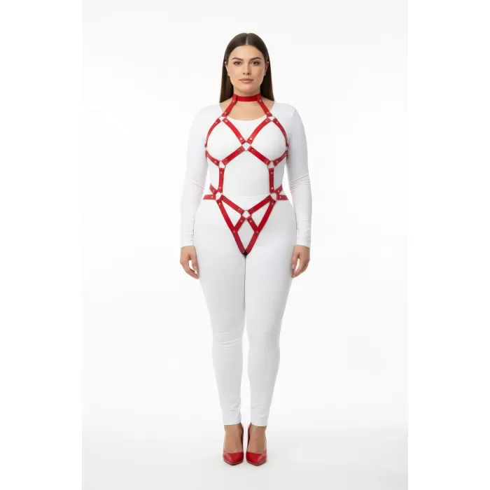 Büyük Beden Kırmızı Kadın Harness Takım Seksi Halka Detaylı Deri Aksesuar - APFT514