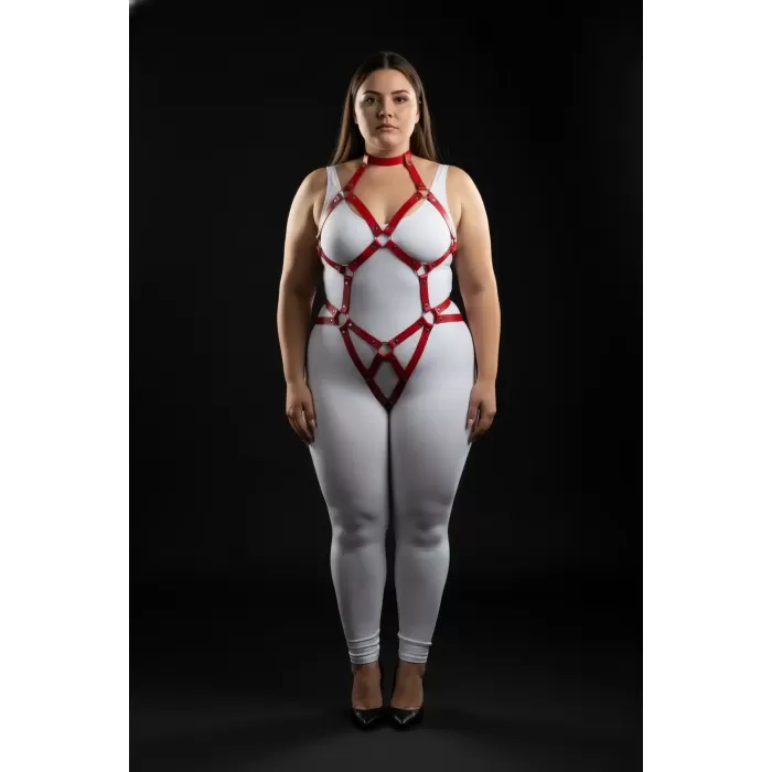 Büyük Beden Kırmızı Kadın Harness Takım Seksi Halka Detaylı Deri Aksesuar - APFT514