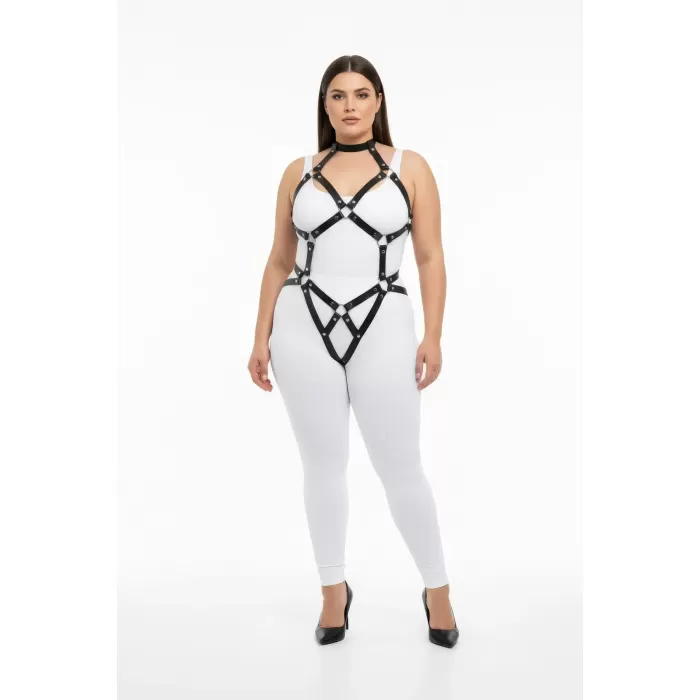 Büyük Beden Siyah Kadın Harness Takım Deri Halka Detaylı Fantazi Vücut Aksesuarı - APFT514