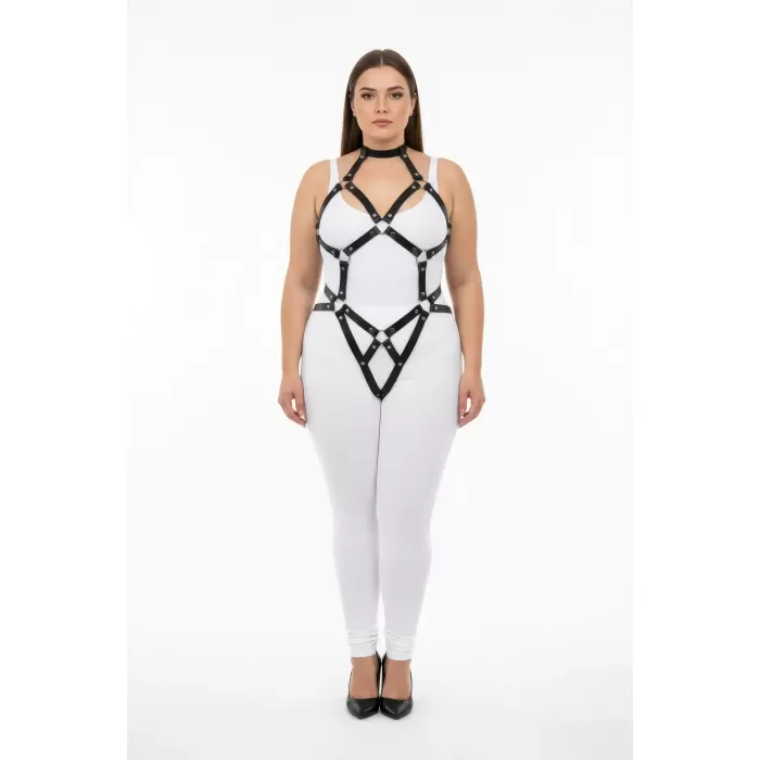 Büyük Beden Siyah Kadın Harness Takım Deri Halka Detaylı Fantazi Vücut Aksesuarı - APFT514