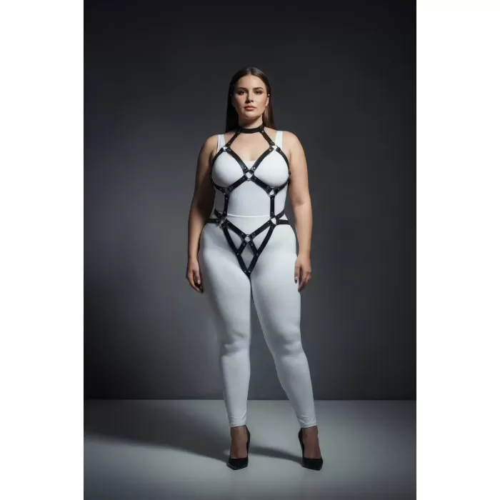 Büyük Beden Siyah Kadın Harness Takım Deri Halka Detaylı Fantazi Vücut Aksesuarı - APFT514