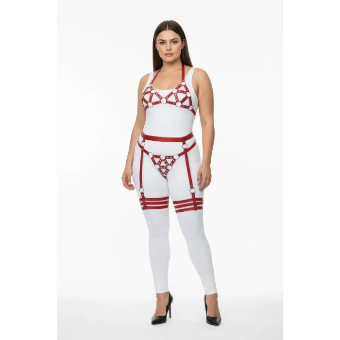 Büyük Beden Kırmızı Kadın Deri Harness Takım Halka Detaylı Jartiyerli Fantezi Aksesuar - APFT530