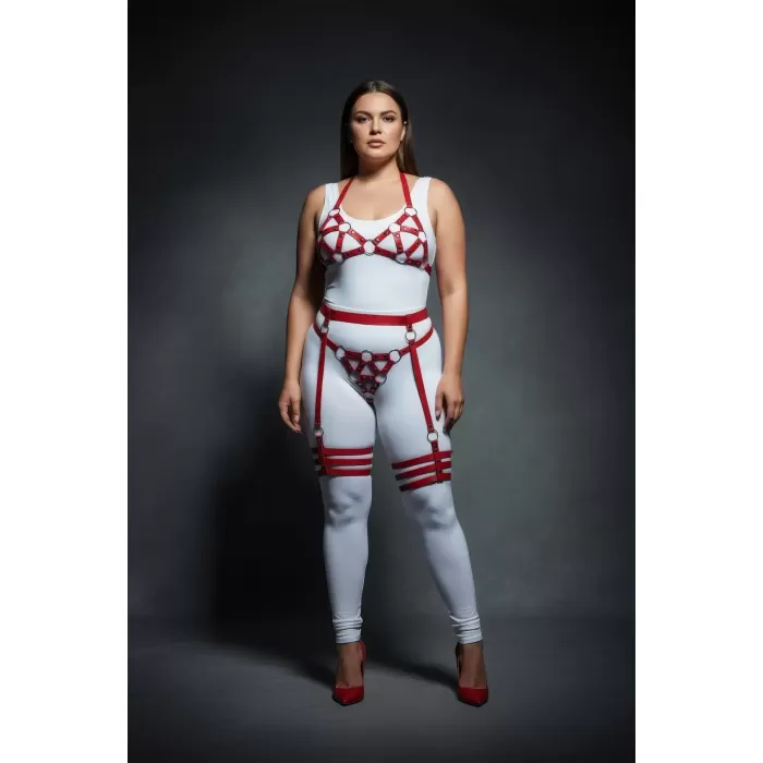 Büyük Beden Kırmızı Kadın Deri Harness Takım Halka Detaylı Jartiyerli Fantezi Aksesuar - APFT530