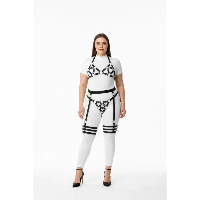 Büyük Beden Siyah Kadın Deri Görünümlü Harness Takım Jartiyerli O