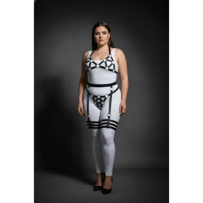 Büyük Beden Siyah Kadın Deri Görünümlü Harness Takım Jartiyerli O