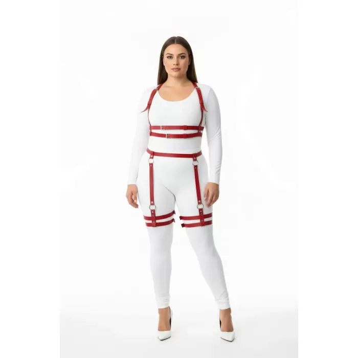 Büyük Beden Kırmızı Kadın Deri Harness Takım Ayarlanabilir Halka Detaylı - APFT537