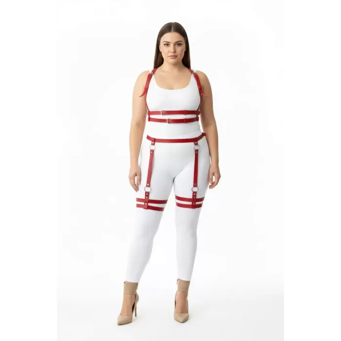 Büyük Beden Kırmızı Kadın Deri Harness Takım Ayarlanabilir Halka Detaylı - APFT537