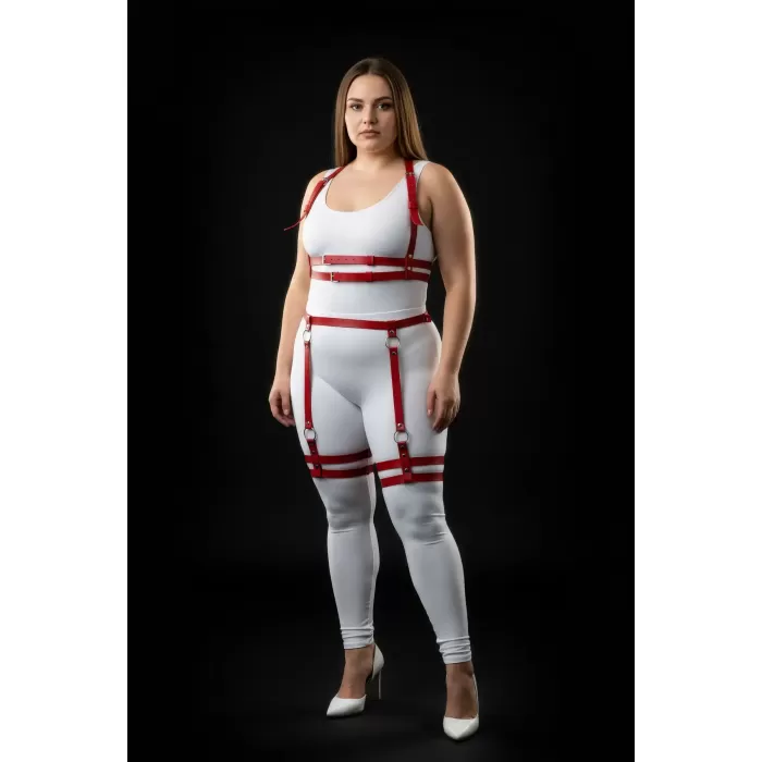 Büyük Beden Kırmızı Kadın Deri Harness Takım Ayarlanabilir Halka Detaylı - APFT537