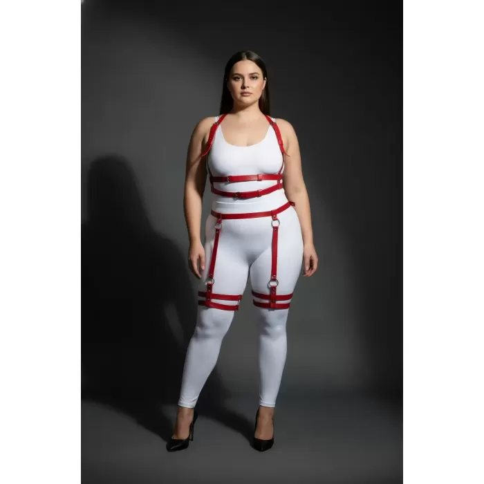 Büyük Beden Kırmızı Kadın Deri Harness Takım Ayarlanabilir Halka Detaylı - APFT537