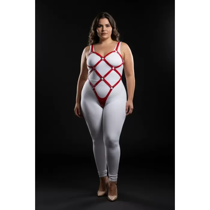 Büyük Beden Kırmızı Kadın Deri Full Body Harness Takım Halka Detaylı Vücut Aksesuarı - APFT542