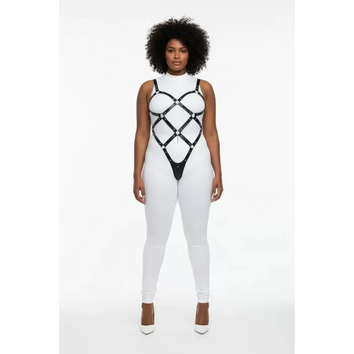 Büyük Beden Siyah Kadın Vücut Harness Takım, Çivi Detaylı Şık Fantazi Aksesuar - APFT542