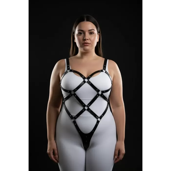 Büyük Beden Siyah Kadın Vücut Harness Takım, Çivi Detaylı Şık Fantazi Aksesuar - APFT542