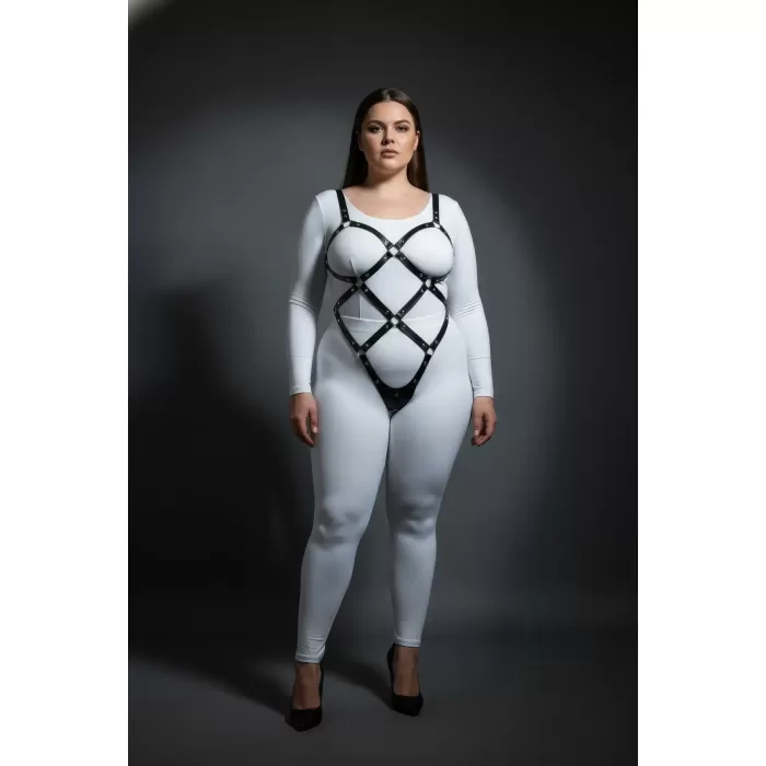 Büyük Beden Siyah Kadın Vücut Harness Takım, Çivi Detaylı Şık Fantazi Aksesuar - APFT542