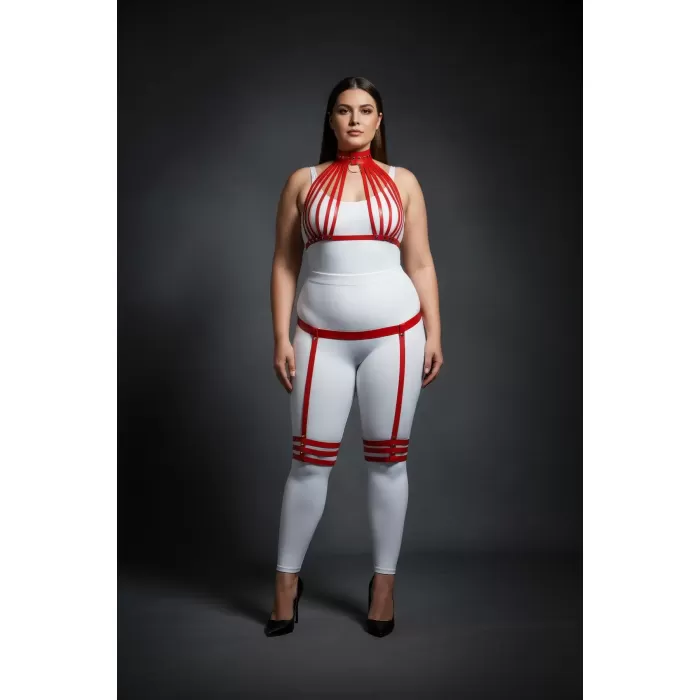 Büyük Beden Kırmızı Kadın Deri Harness Takım Seksi Jartiyer Detaylı - APFT552